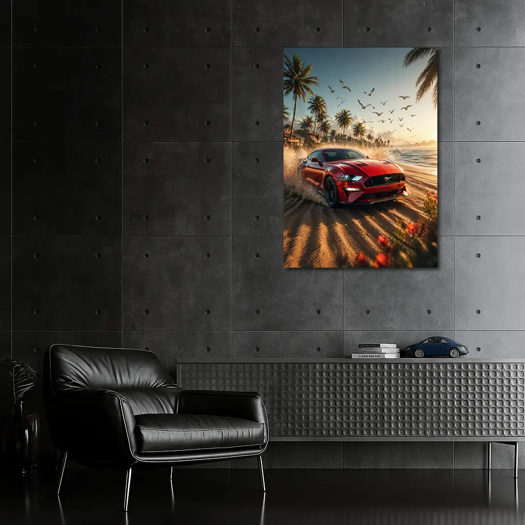 Ford Mustang Red Car Beach Sunset – Wall Art