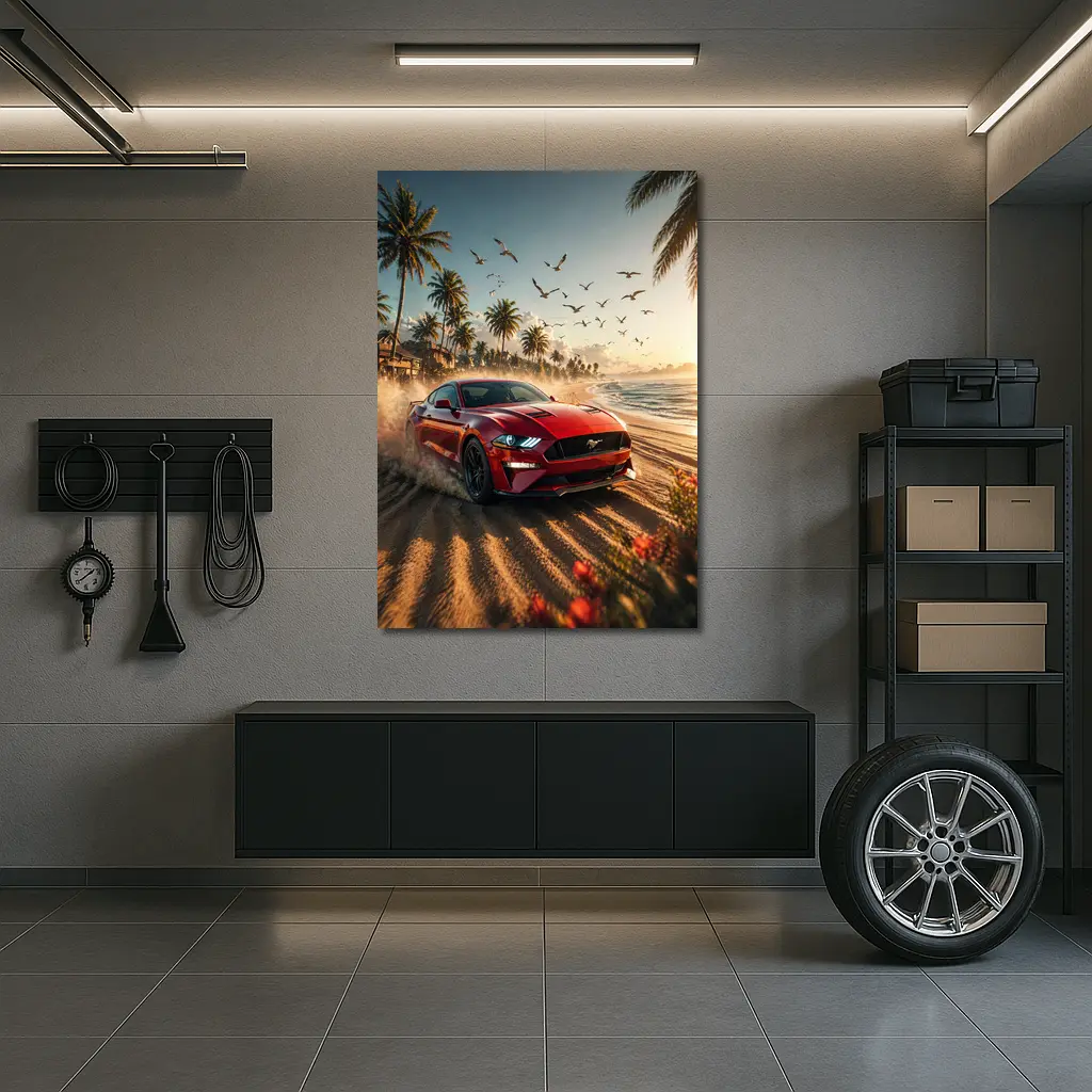 Ford Mustang Red Car Beach Sunset – Wall Art