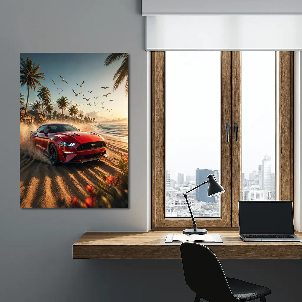 Ford Mustang Red Car Beach Sunset – Wall Art