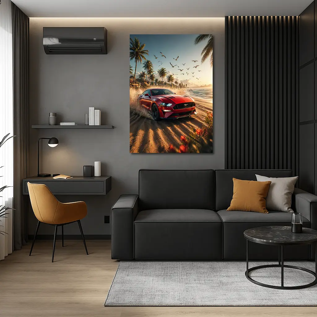 Ford Mustang Red Car Beach Sunset – Wall Art