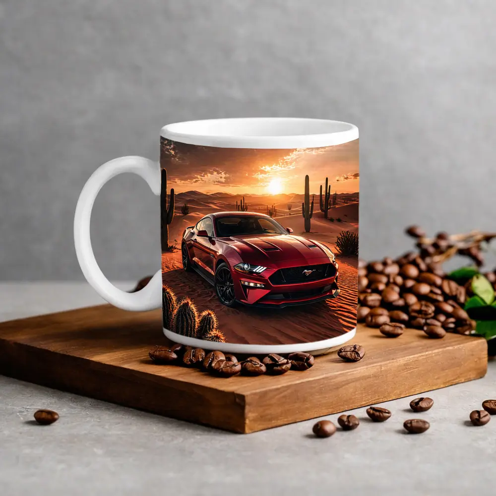 Ford Mustang GT Red Desert Sunset Scene – Mugs