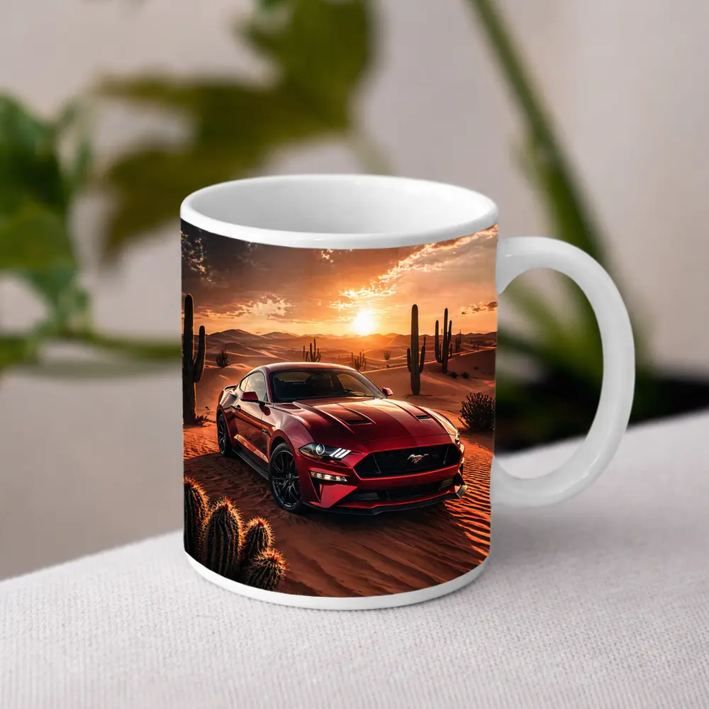 Ford Mustang GT Red Desert Sunset Scene – Mugs
