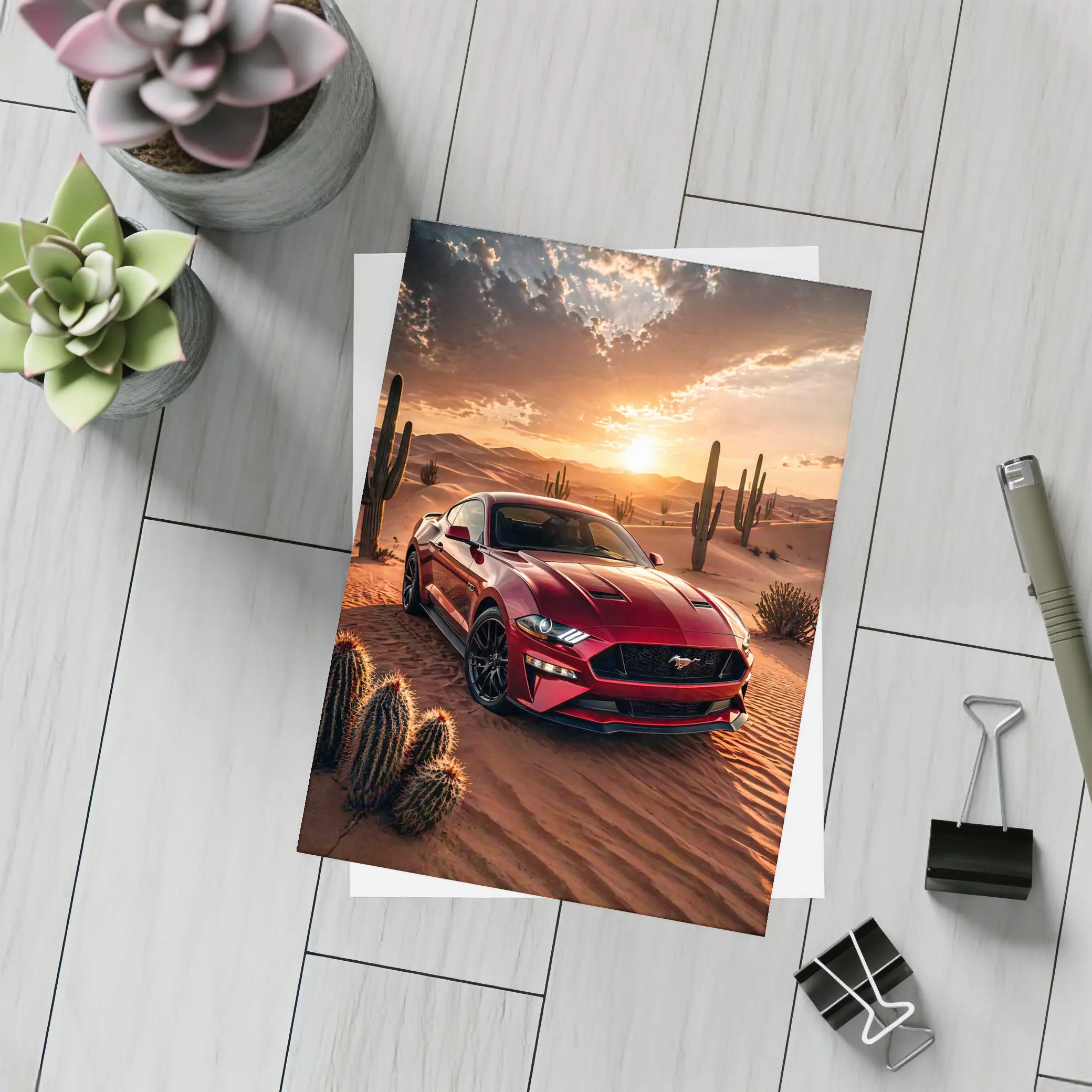 Ford Mustang GT Red Desert Sunset Scene – Postcards