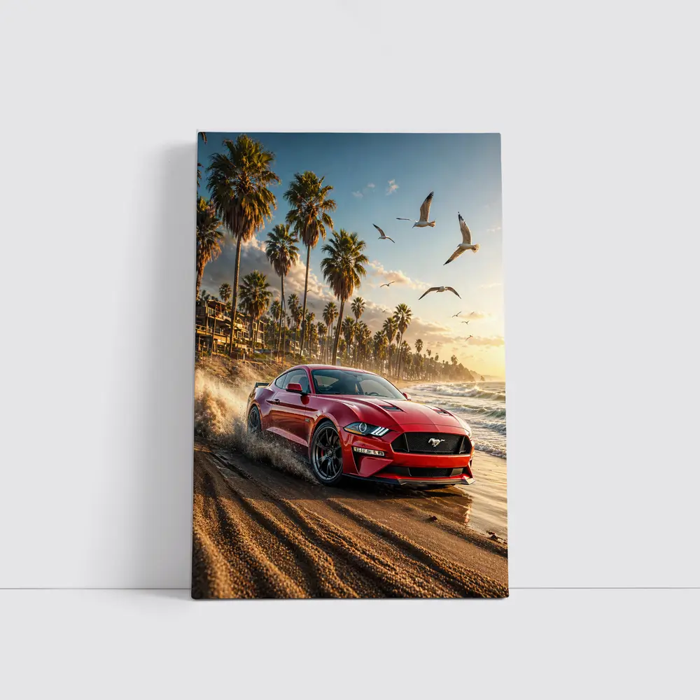 Ford Mustang Red Beach Palm Trees Sunset – Wall Art