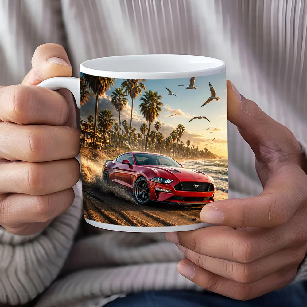 Ford Mustang Red Beach Palm Trees Sunset – Mugs