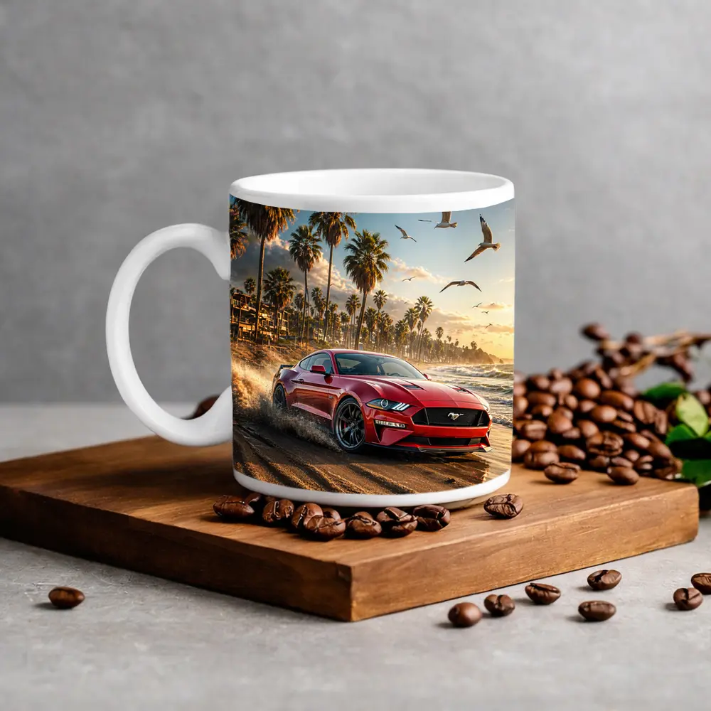 Ford Mustang Red Beach Palm Trees Sunset – Mugs
