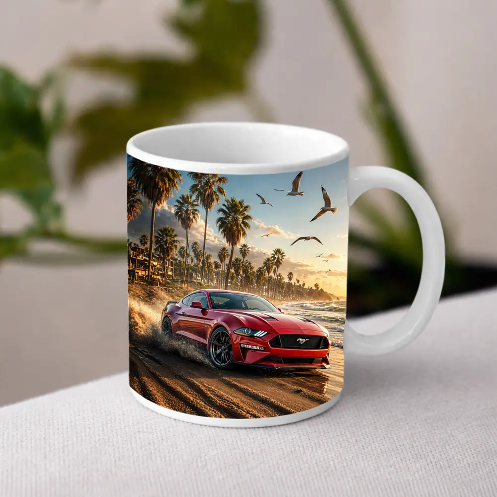 Ford Mustang Red Beach Palm Trees Sunset – Mugs