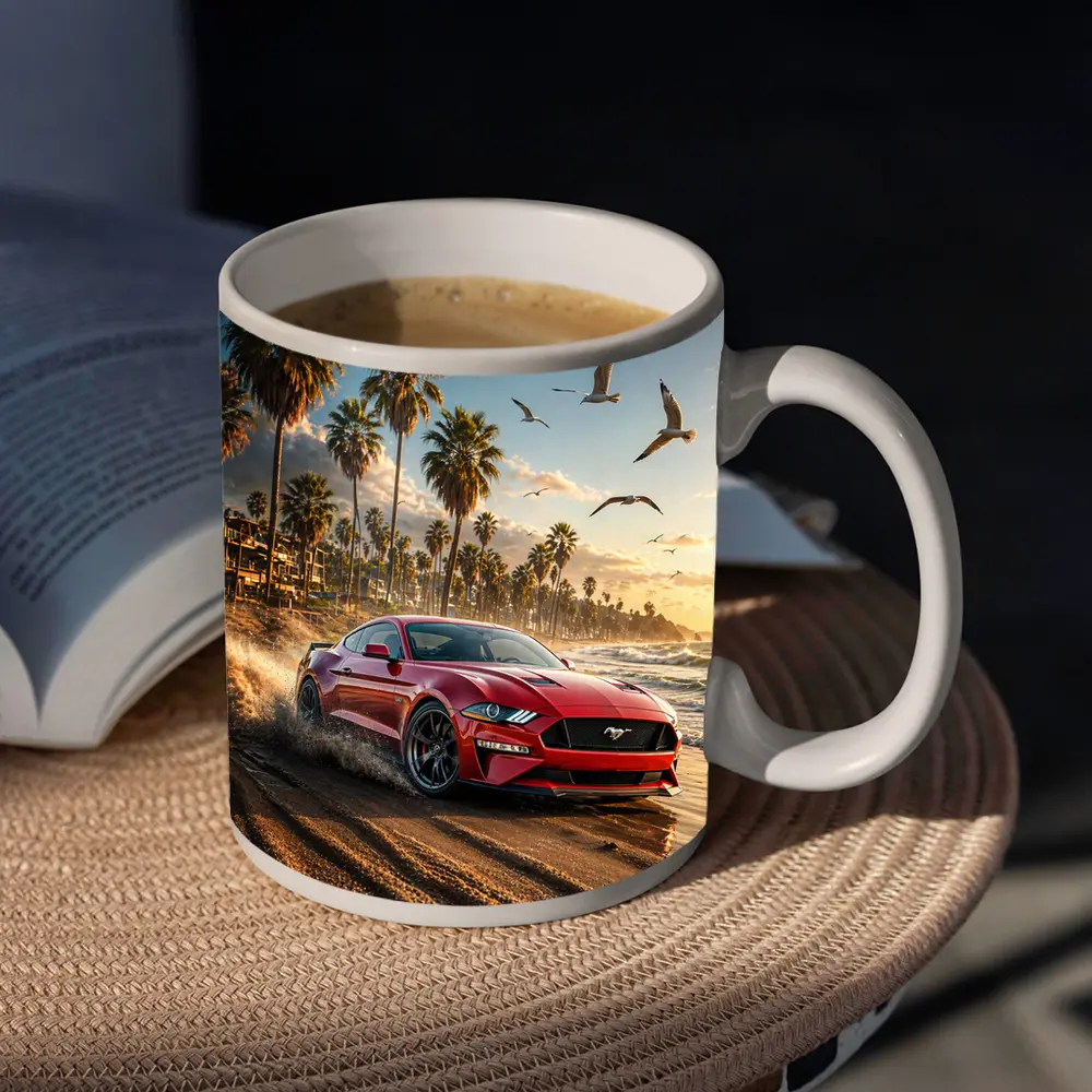 Ford Mustang Red Beach Palm Trees Sunset – Mugs