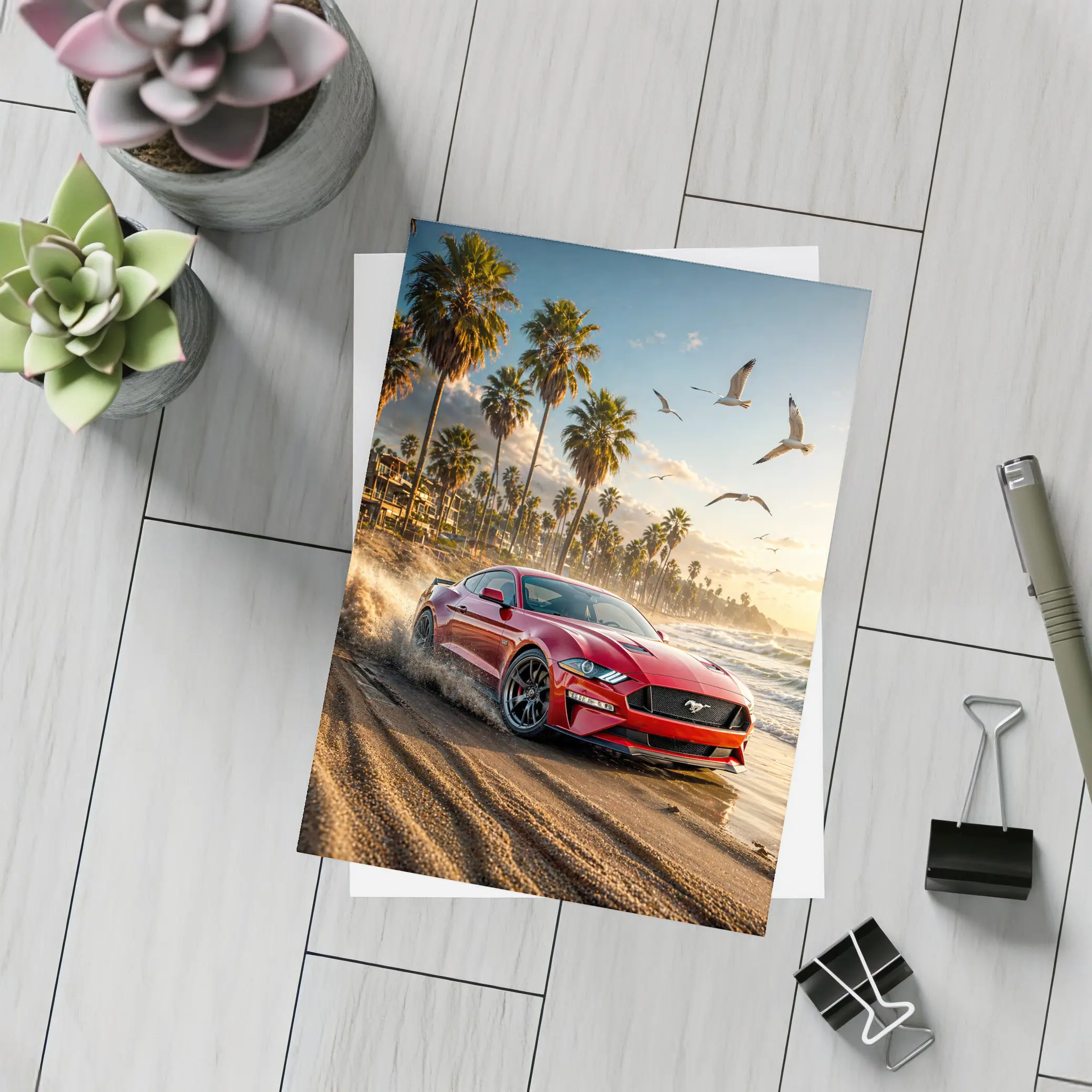 Ford Mustang Red Beach Palm Trees Sunset – Postcards