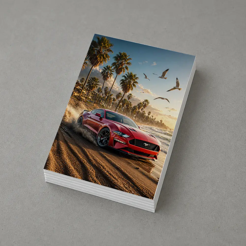 Ford Mustang Red Beach Palm Trees Sunset – Postcards