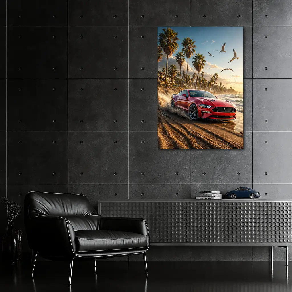 Ford Mustang Red Beach Palm Trees Sunset – Wall Art