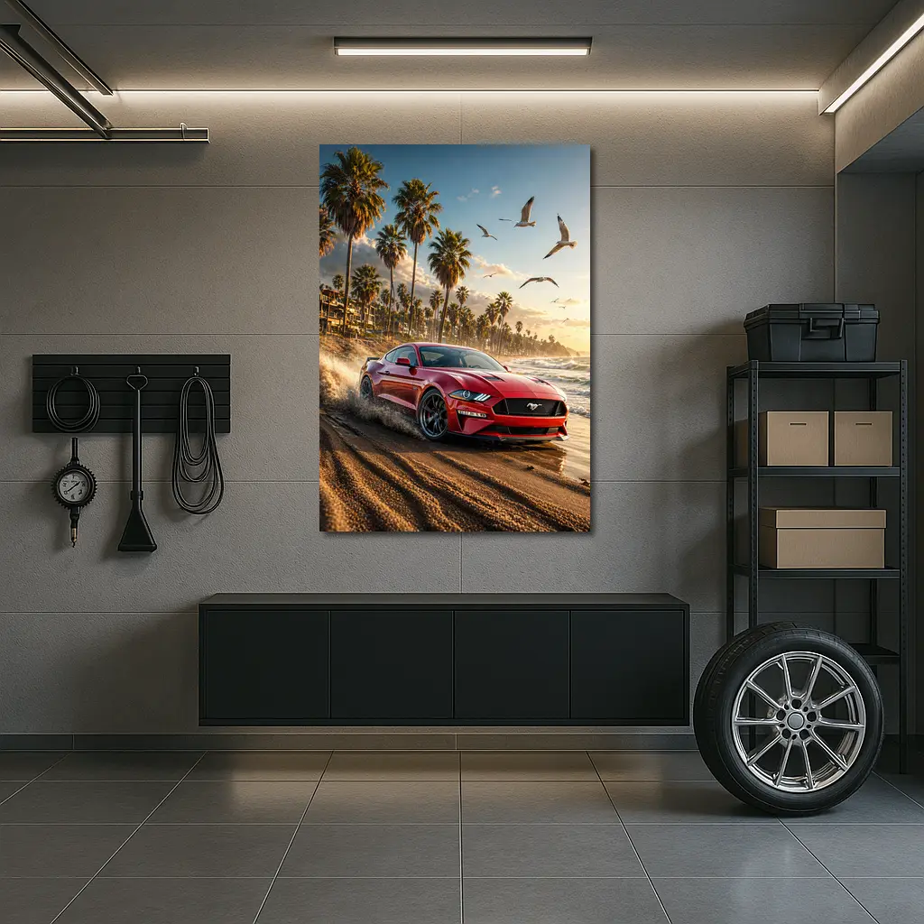 Ford Mustang Red Beach Palm Trees Sunset – Wall Art