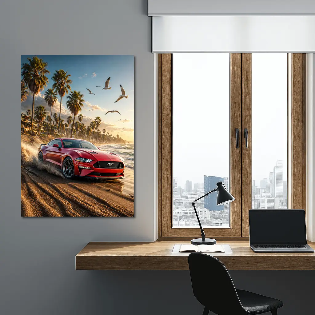 Ford Mustang Red Beach Palm Trees Sunset – Wall Art