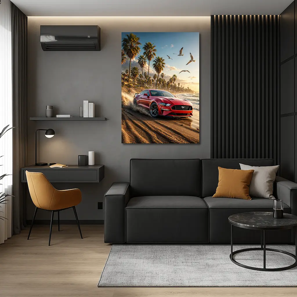Ford Mustang Red Beach Palm Trees Sunset – Wall Art