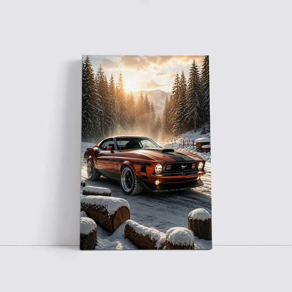 Ford Mustang Mach One Snowy Forest Sunset – Wall Art