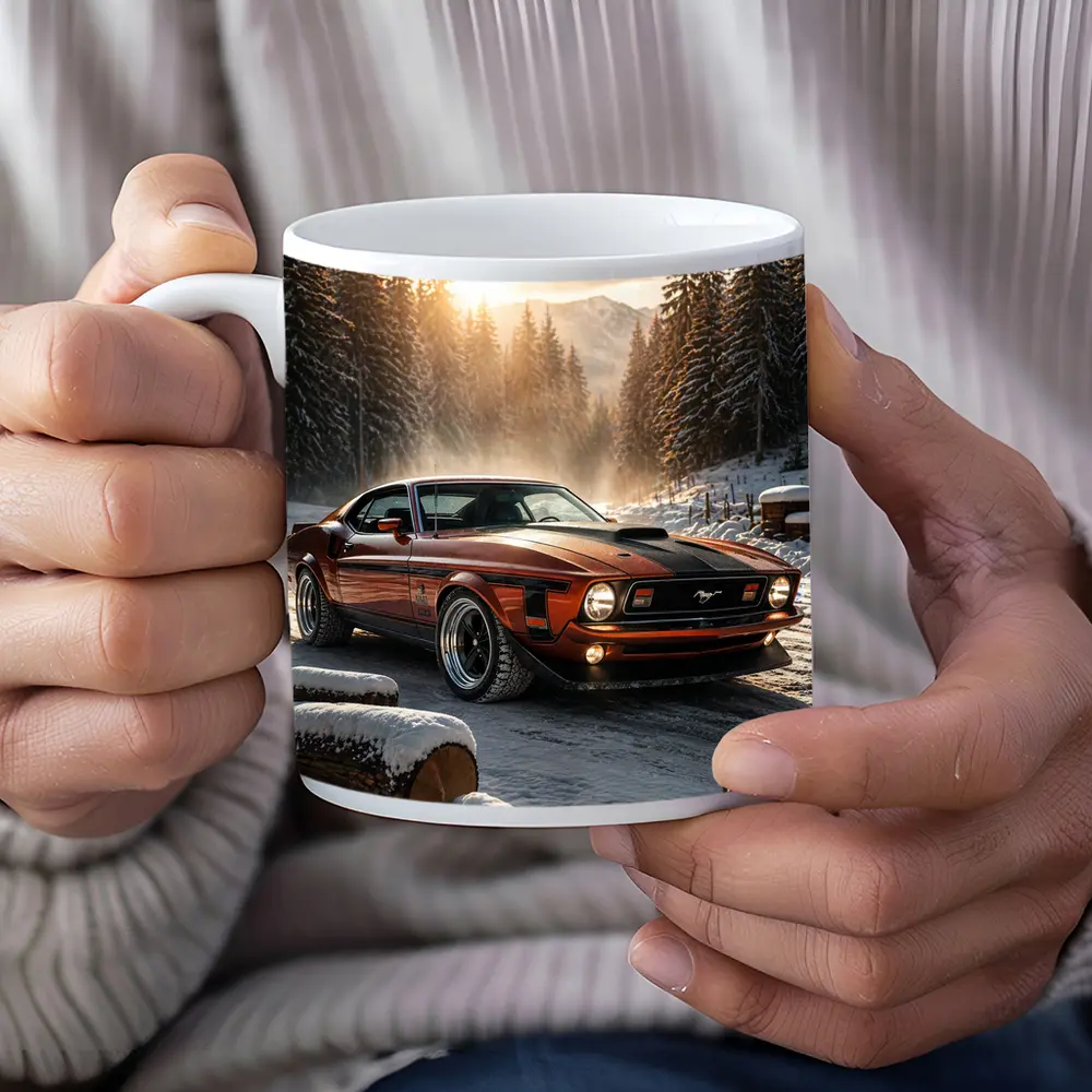 Ford Mustang Mach One Snowy Forest Sunset – Mugs