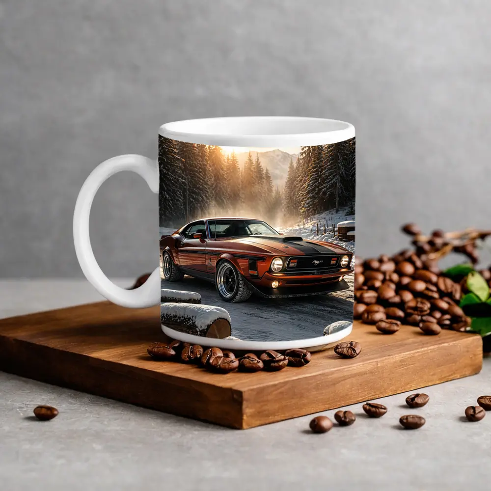 Ford Mustang Mach One Snowy Forest Sunset – Mugs