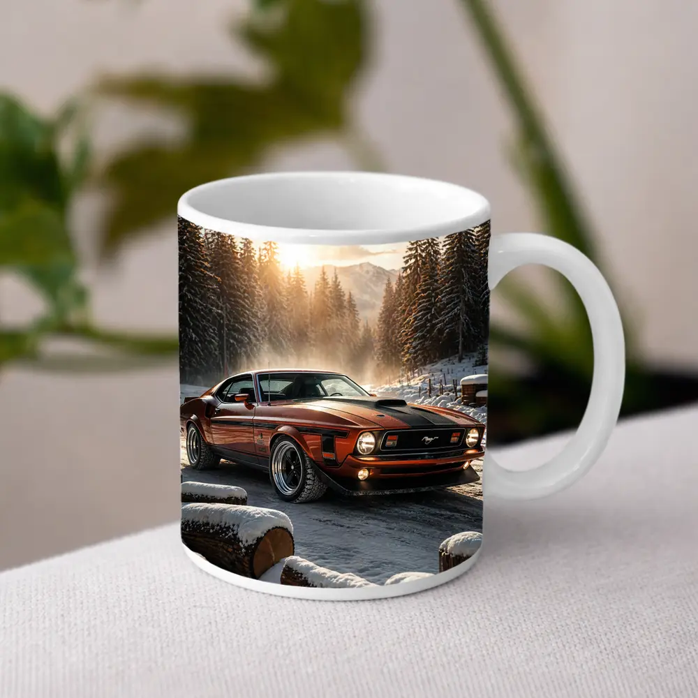 Ford Mustang Mach One Snowy Forest Sunset – Mugs