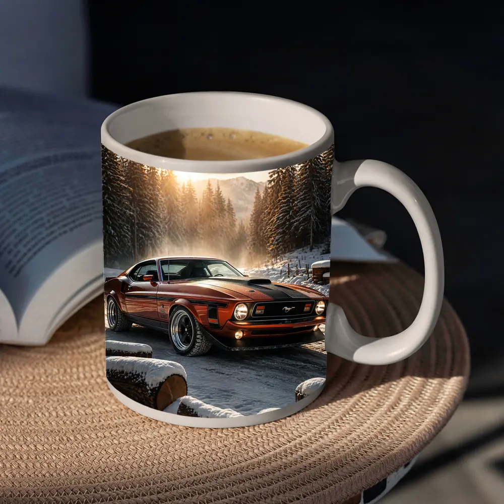 Ford Mustang Mach One Snowy Forest Sunset – Mugs