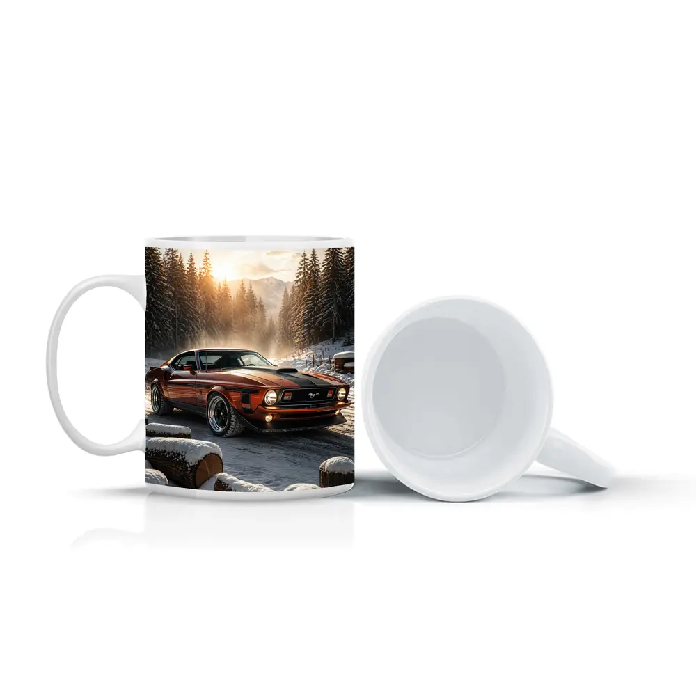 Ford Mustang Mach One Snowy Forest Sunset – Mugs