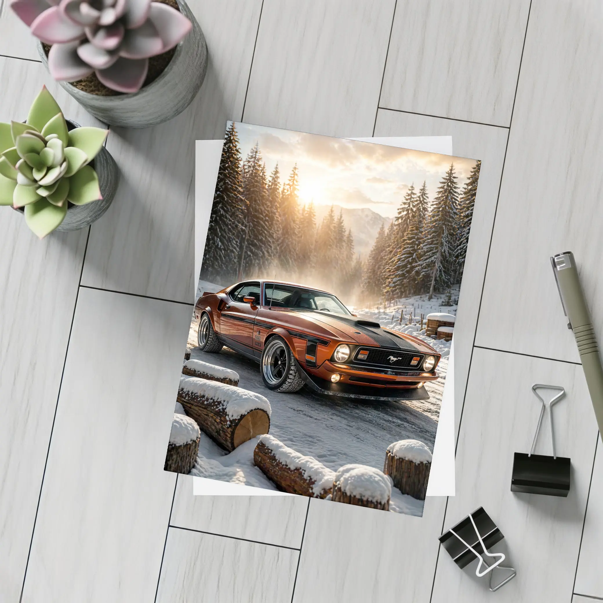 Ford Mustang Mach One Snowy Forest Sunset – Postcards