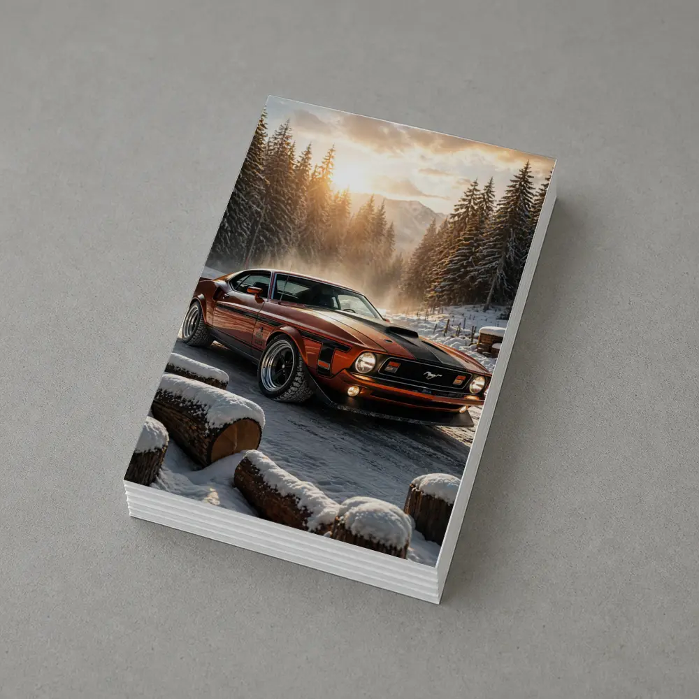 Ford Mustang Mach One Snowy Forest Sunset – Postcards