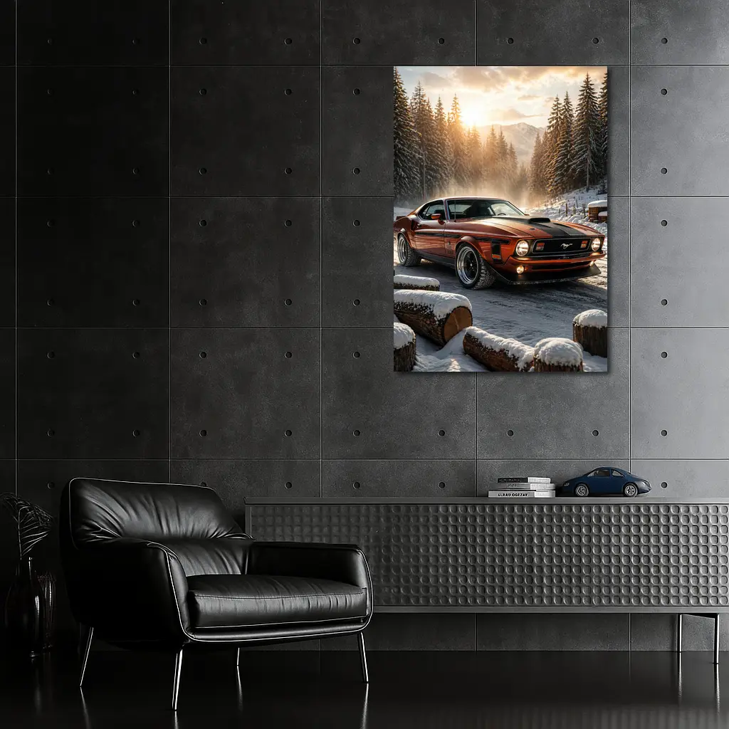 Ford Mustang Mach One Snowy Forest Sunset – Wall Art