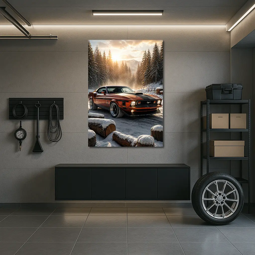 Ford Mustang Mach One Snowy Forest Sunset – Wall Art