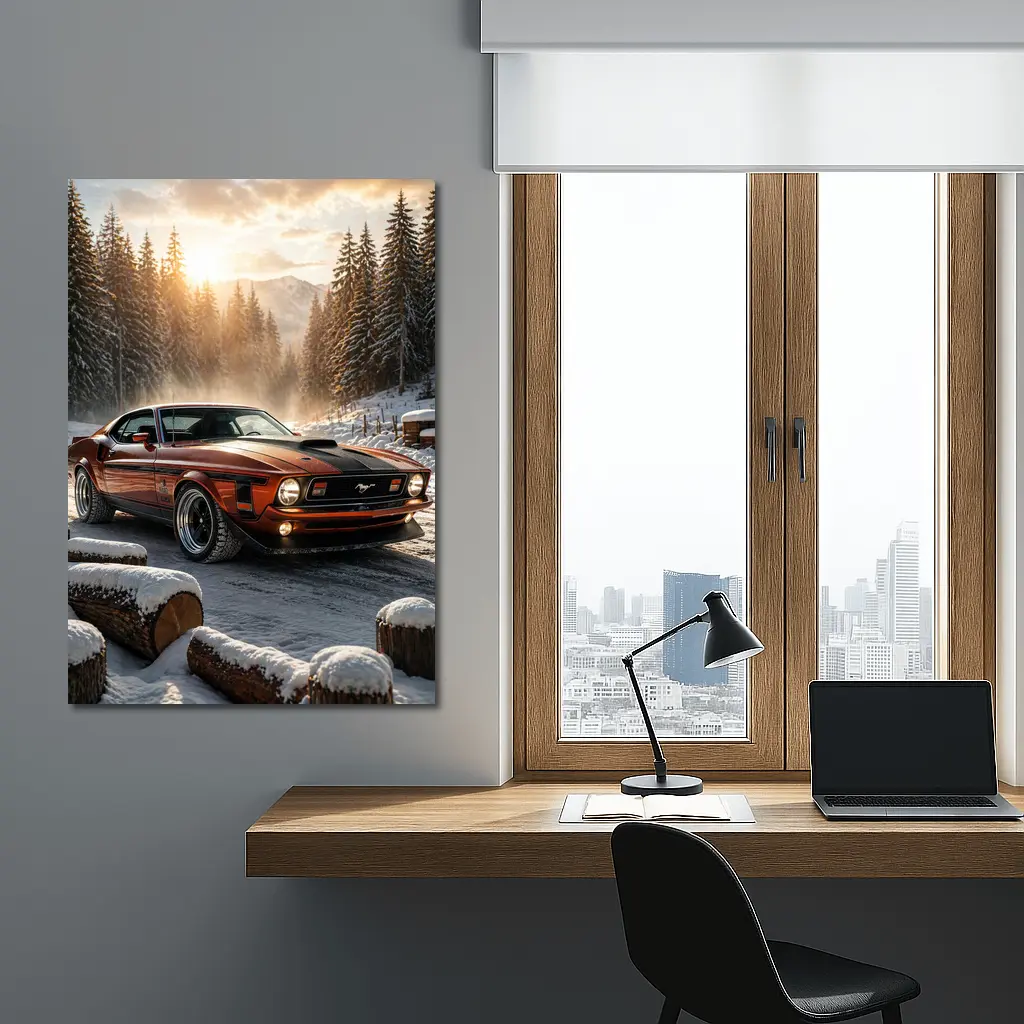 Ford Mustang Mach One Snowy Forest Sunset – Wall Art