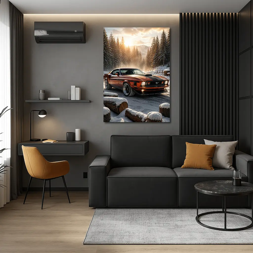 Ford Mustang Mach One Snowy Forest Sunset – Wall Art