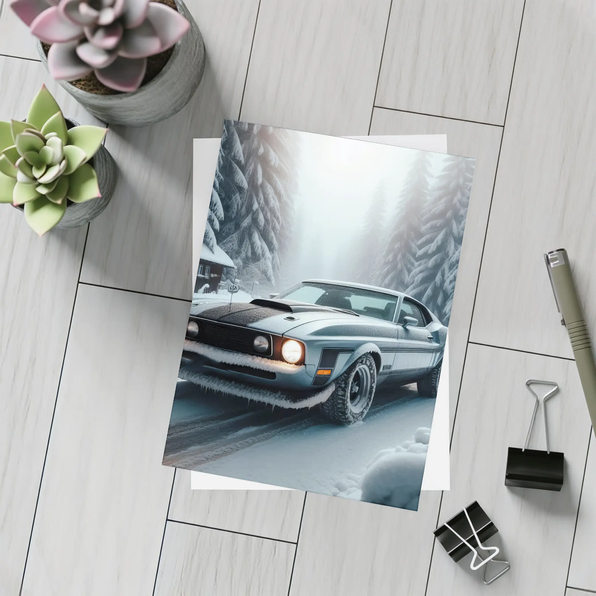 Ford Mustang Mach One Winter Forest Road – Postcards