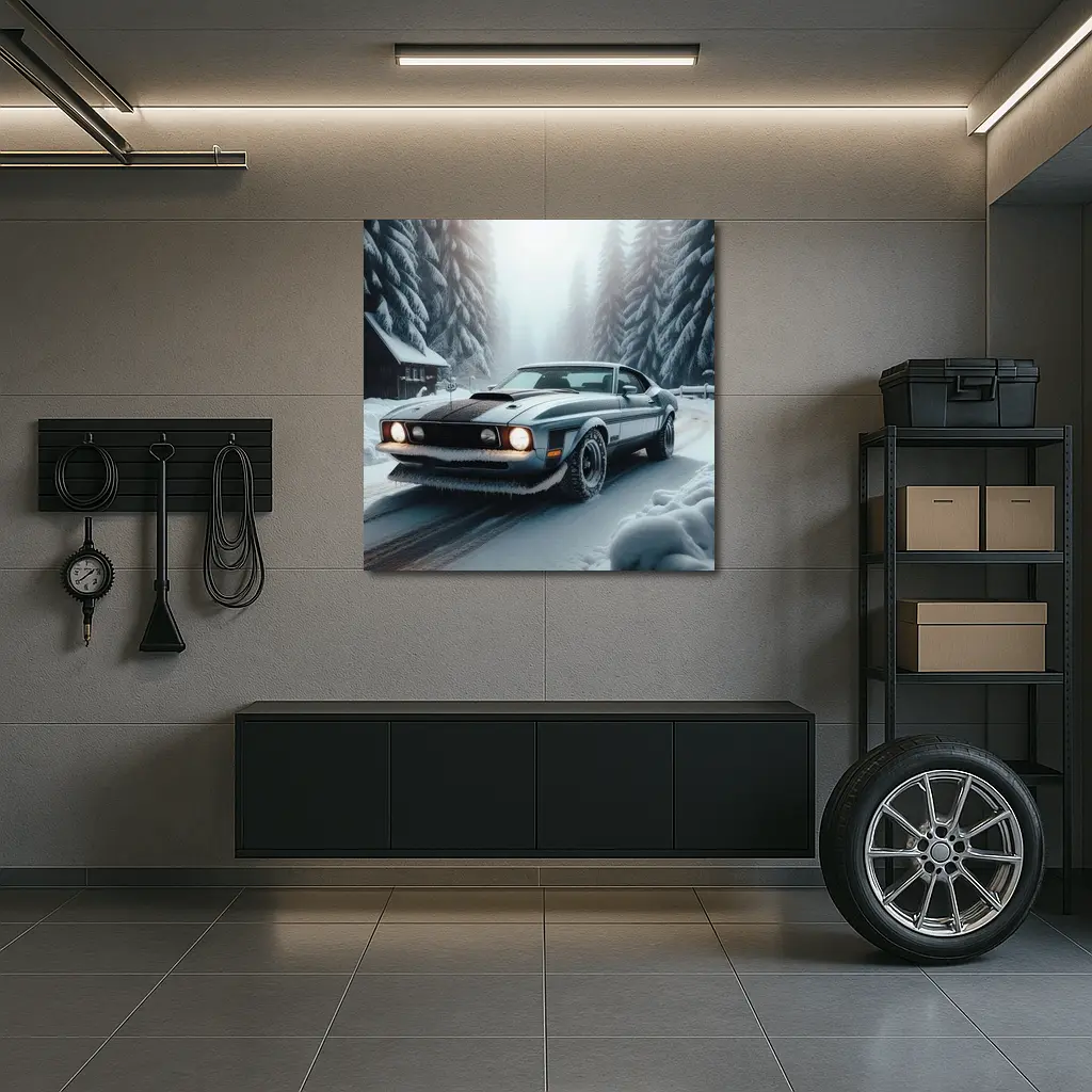 Ford Mustang Mach One Winter Forest Road – Wall Art