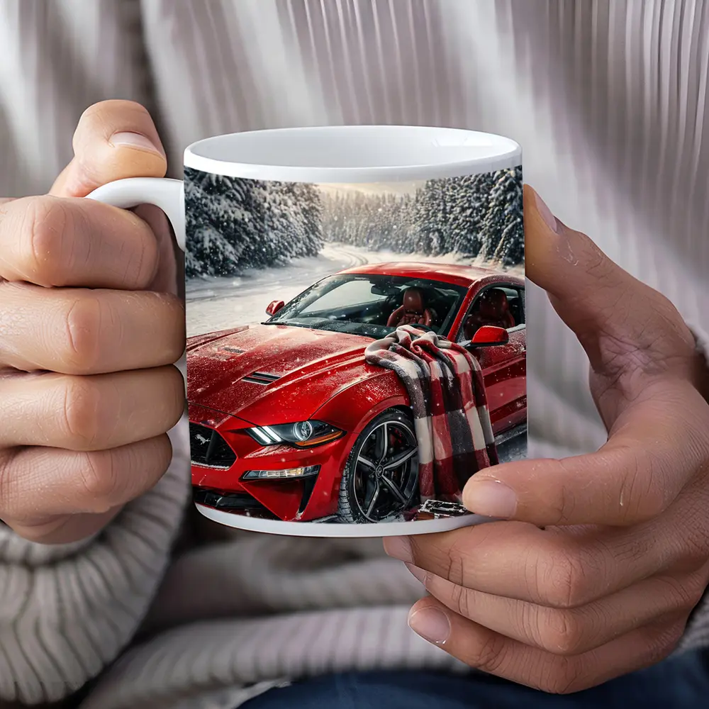 Red Ford Mustang GT Snowy Forest Road – Mugs