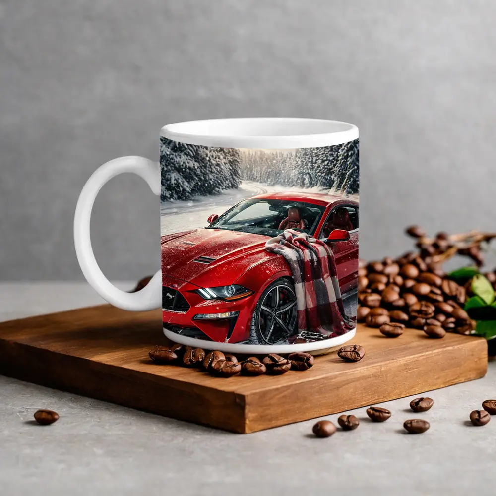 Red Ford Mustang GT Snowy Forest Road – Mugs