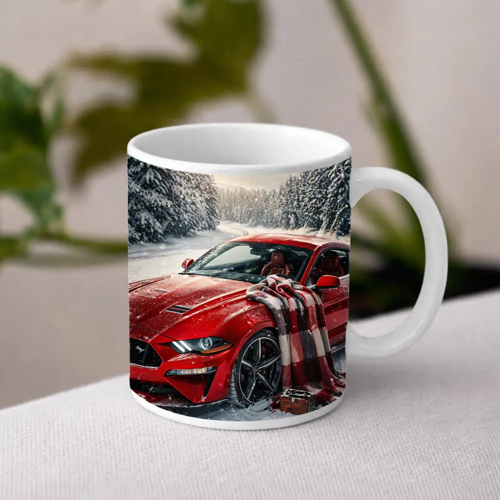 Red Ford Mustang GT Snowy Forest Road – Mugs