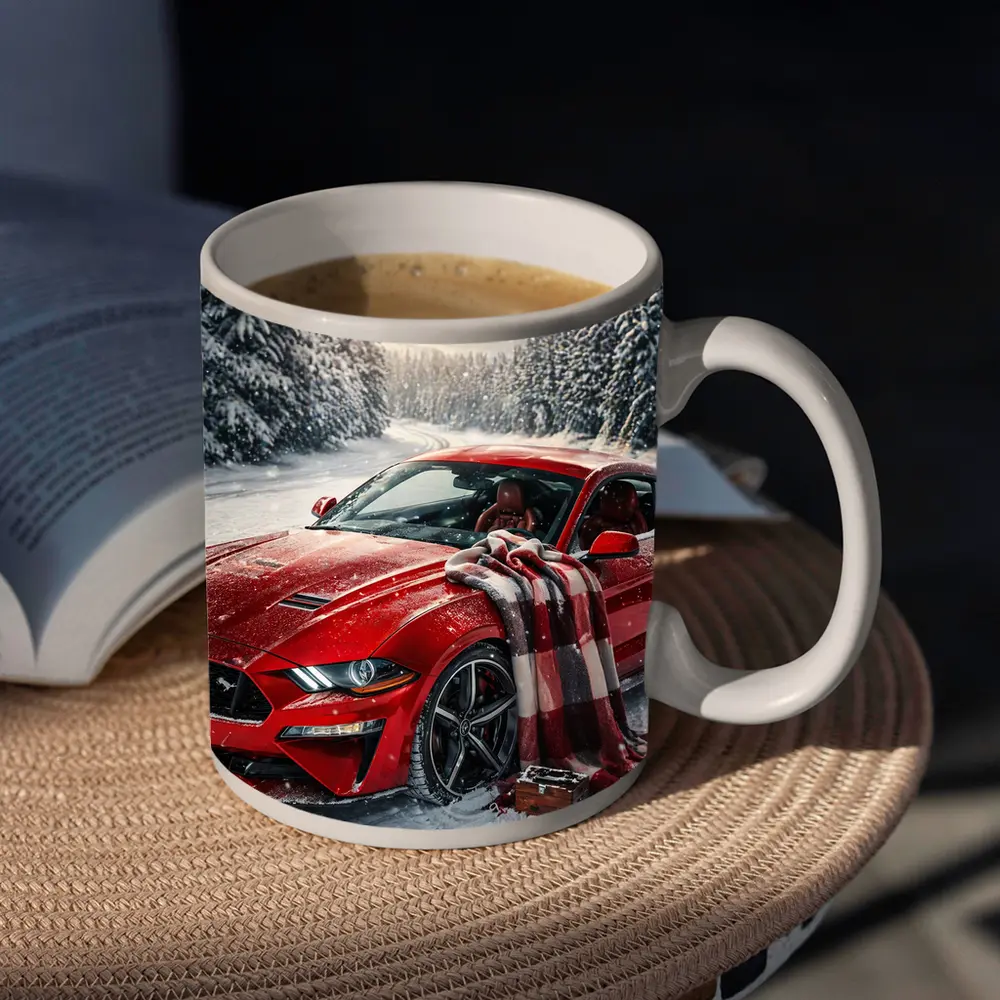 Red Ford Mustang GT Snowy Forest Road – Mugs