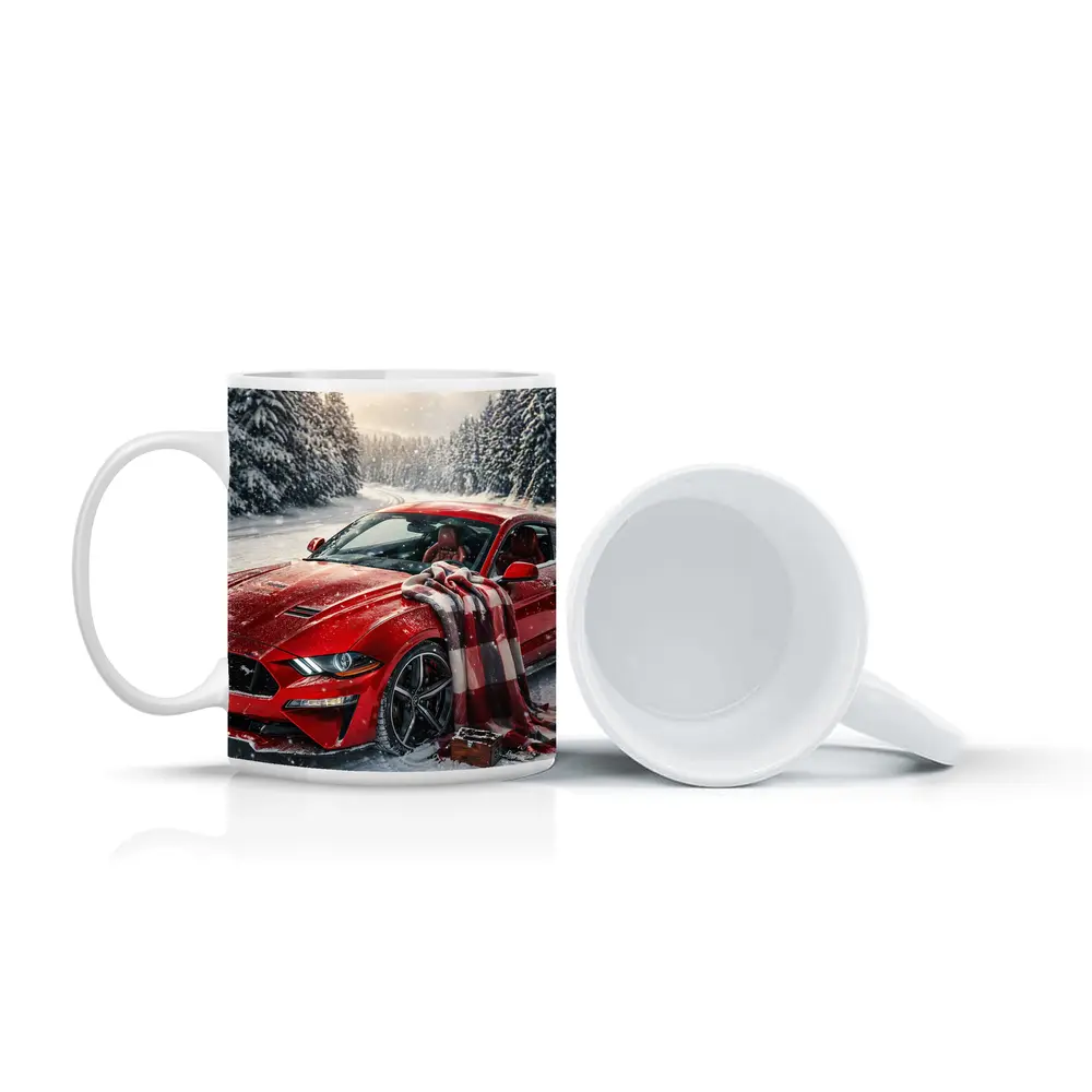 Red Ford Mustang GT Snowy Forest Road – Mugs