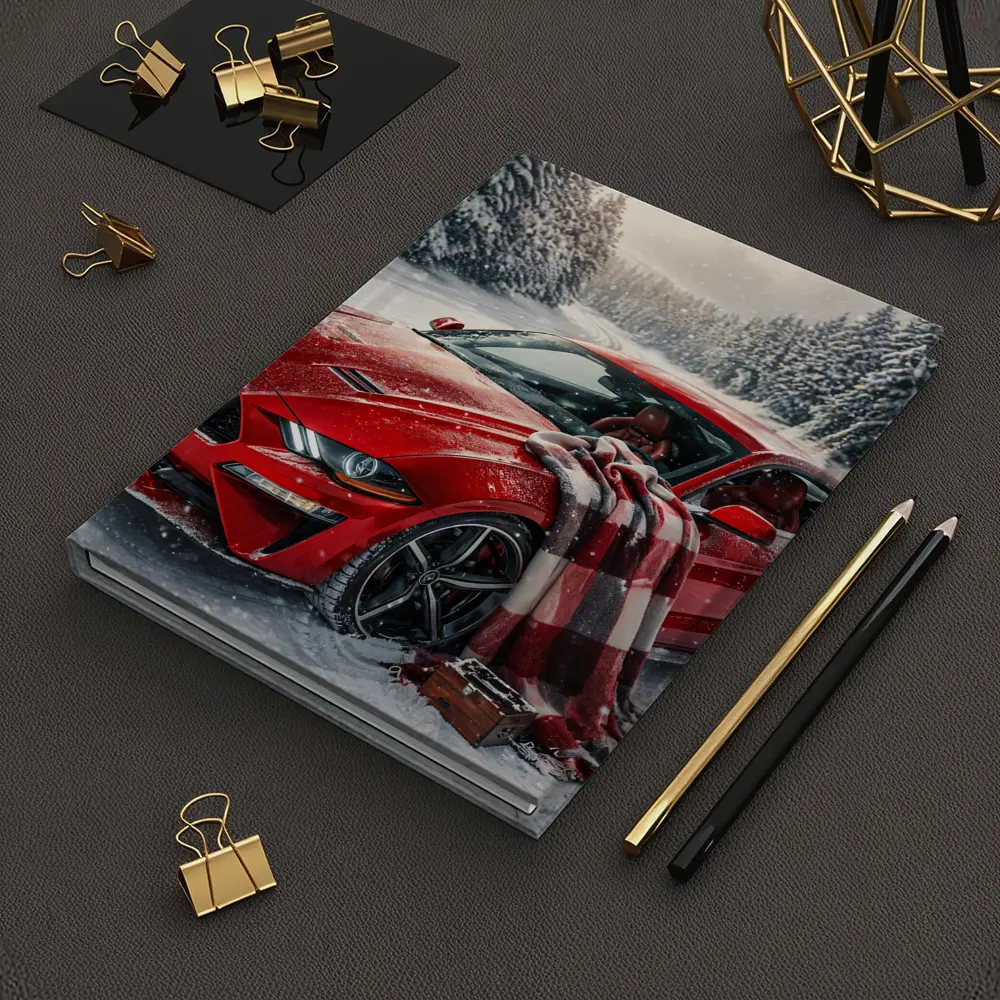 Red Ford Mustang GT Snowy Forest Road – Notebooks