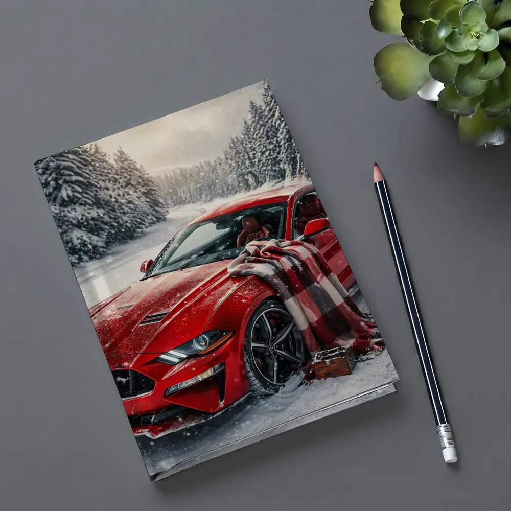 Red Ford Mustang GT Snowy Forest Road – Notebooks