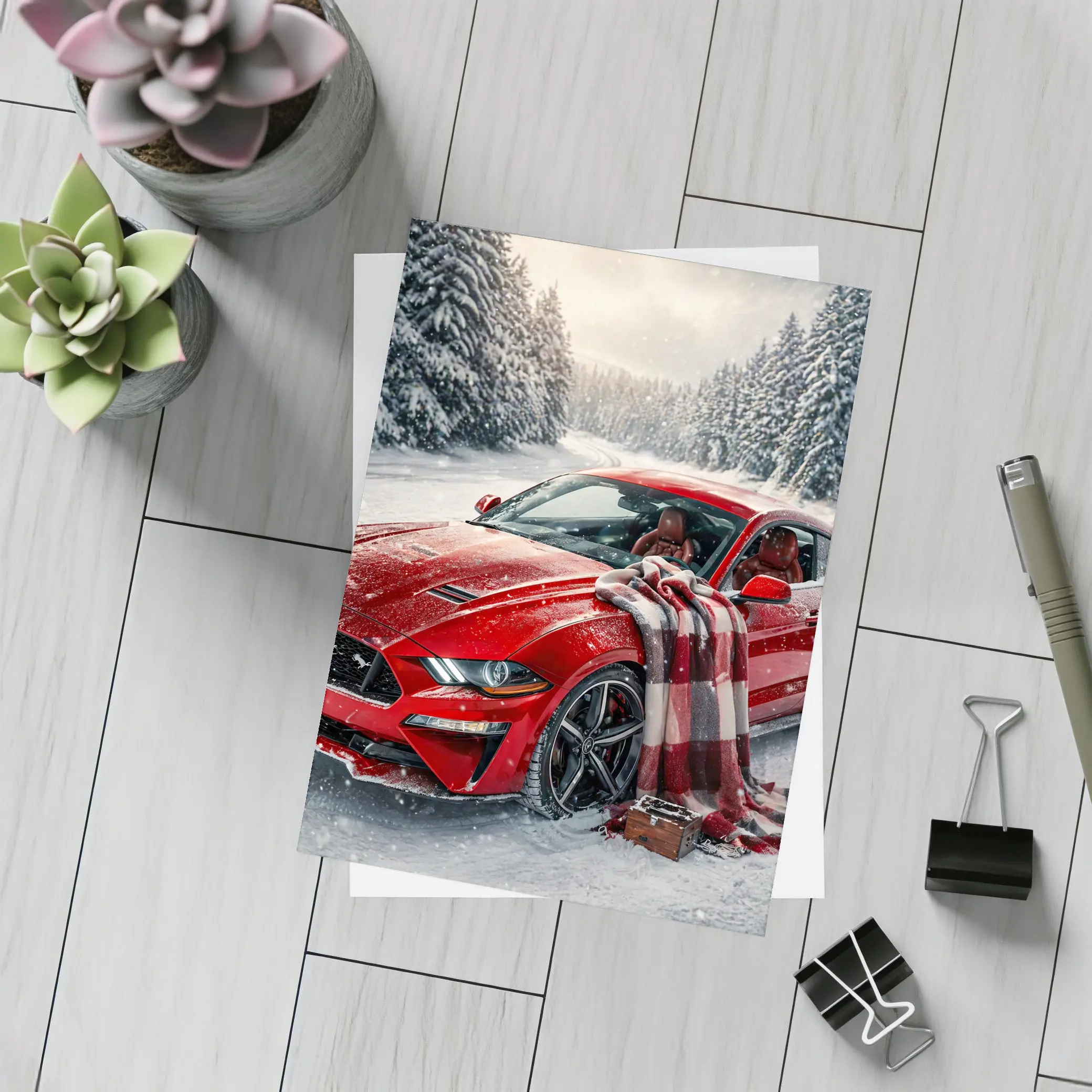 Red Ford Mustang GT Snowy Forest Road – Postcards
