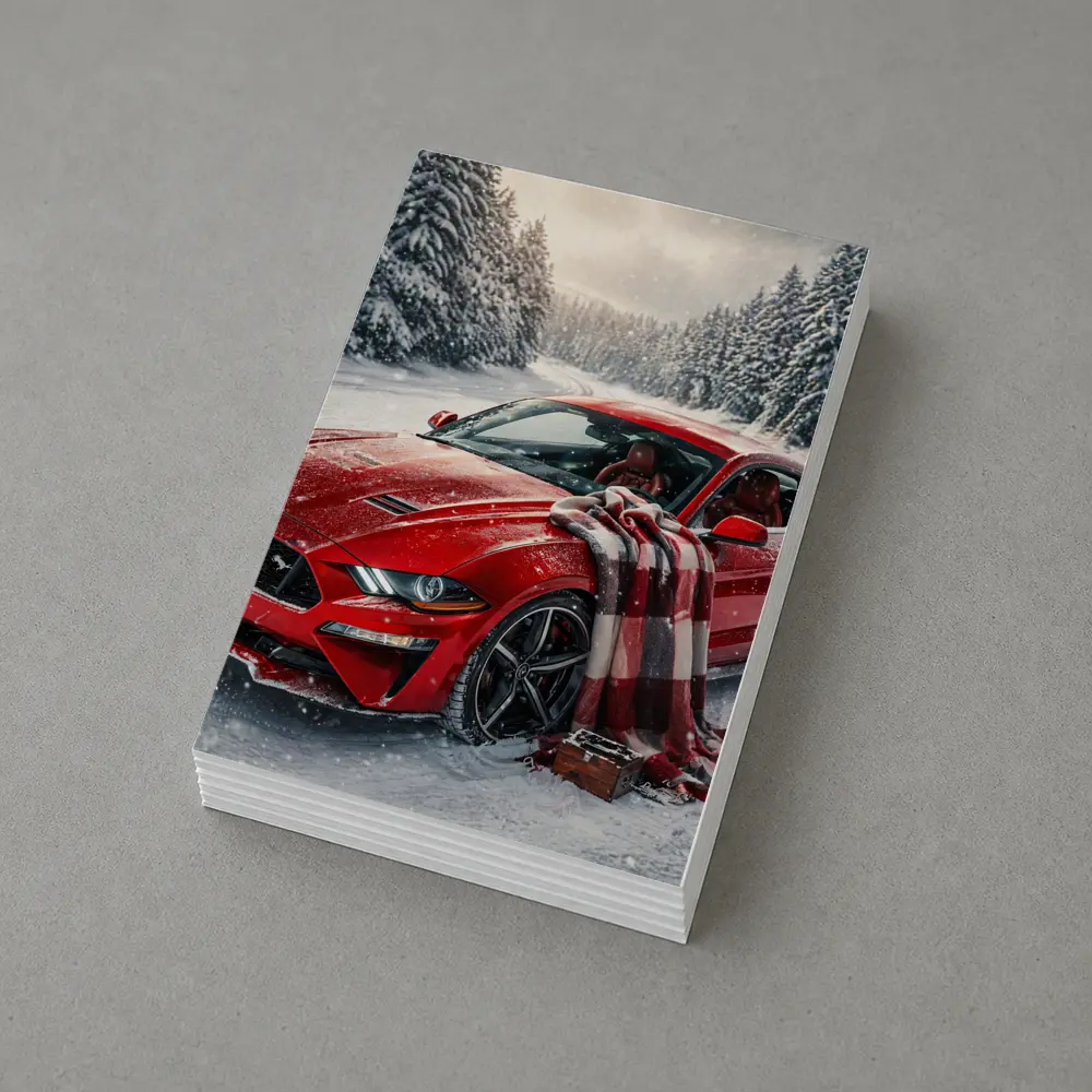 Red Ford Mustang GT Snowy Forest Road – Postcards