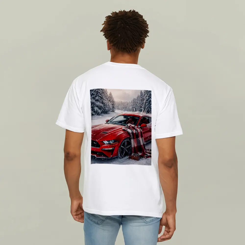 Red Ford Mustang GT Snowy Forest Road – T-Shirts