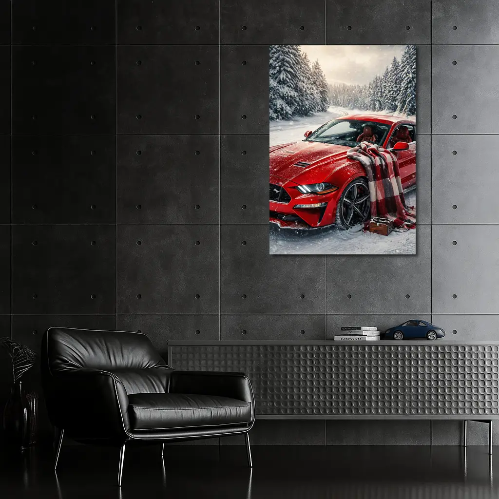 Red Ford Mustang GT Snowy Forest Road – Wall Art