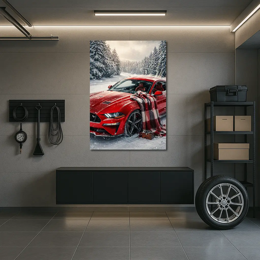 Red Ford Mustang GT Snowy Forest Road – Wall Art