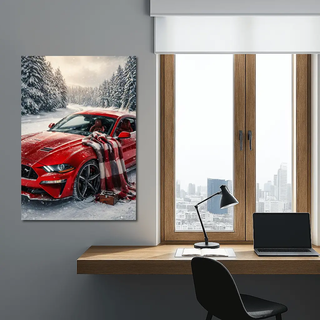 Red Ford Mustang GT Snowy Forest Road – Wall Art