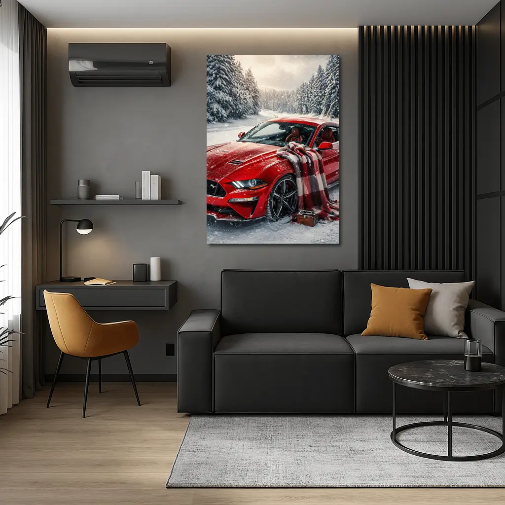 Red Ford Mustang GT Snowy Forest Road – Wall Art