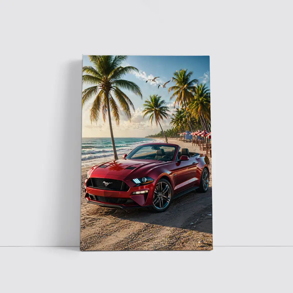 Red Ford Mustang Convertible Beach Palm Trees – Wall Art