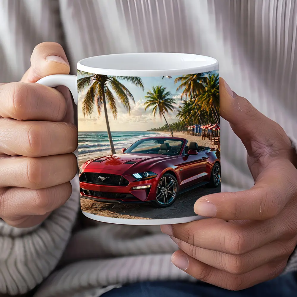 Red Ford Mustang Convertible Beach Palm Trees – Mugs