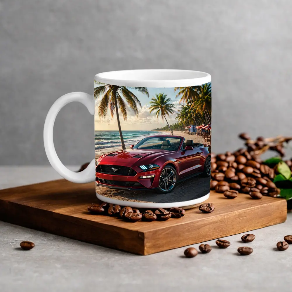 Red Ford Mustang Convertible Beach Palm Trees – Mugs