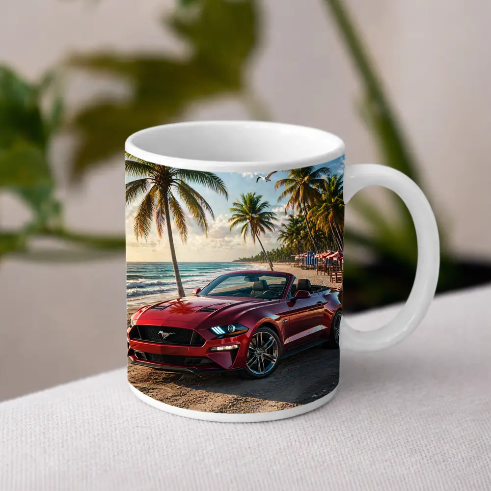 Red Ford Mustang Convertible Beach Palm Trees – Mugs